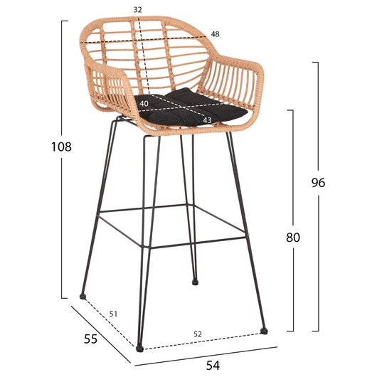 ΣΚΑΜΠΟ ΜΠΑΡ ΨΗΛΟ ALLEGRA HM5640.11 ΜΠΕΖ P.E. RATTAN-ΜΑΥΡΟ ΜΕΤΑΛΛΟ 54x55x108Υεκ.