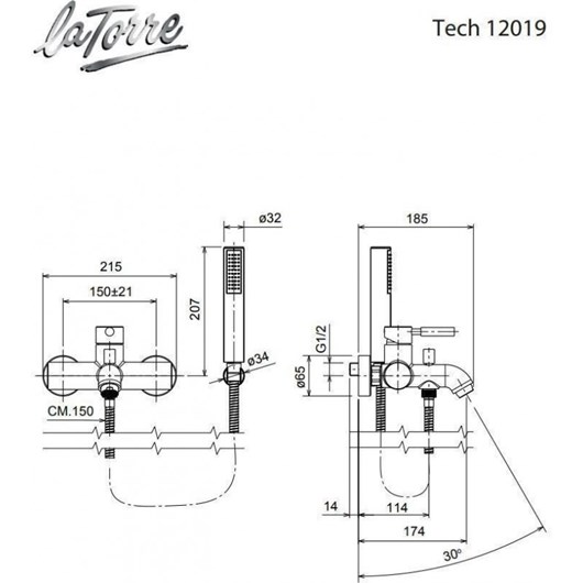 La Torre Tech 1219 Chrome Μπαταρία Λουτρού Mε Τηλέφωνο Anticalcare, Επίτοιχο Aναπαυτήριο Τηλεφώνου&Άθραυστο Σπιράλ 12019-100