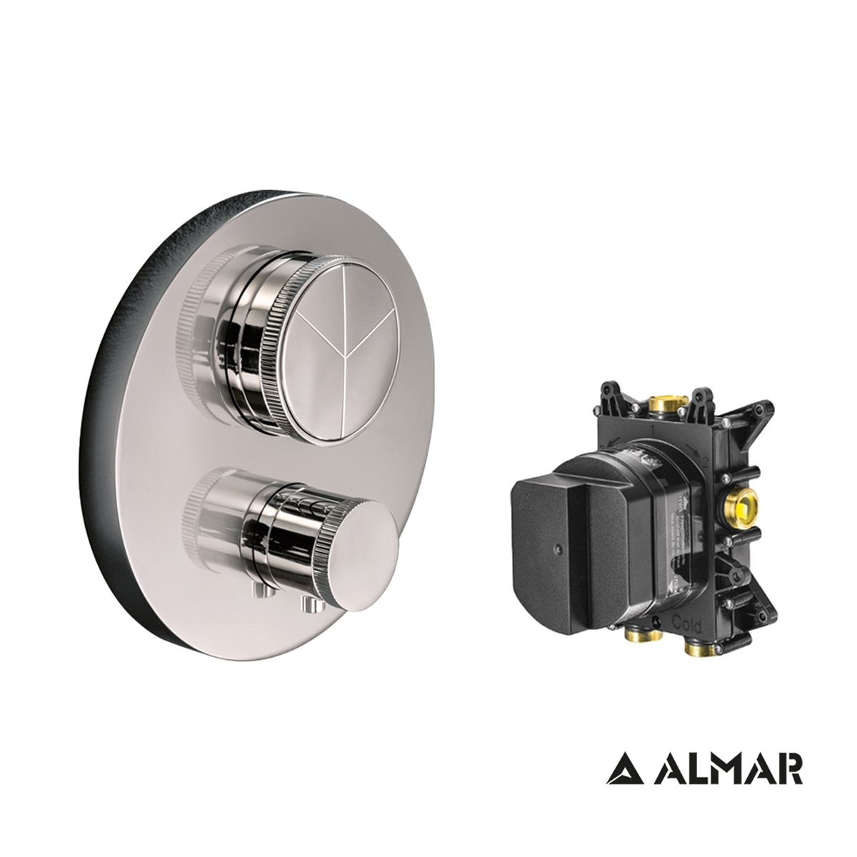 Θερμοστατικός Μίκτης εντοιχισμού 3 εξόδων "PUSH" με κιτ εντοιχισμού ALMAR, Inox