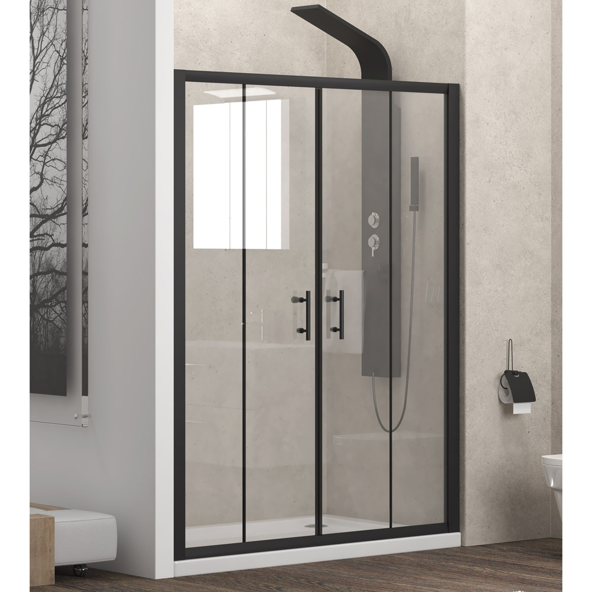 Καμπίνα από τοίχο σε τοίχο με διάφανο κρύσταλλο FLORA 600 Black KARAG 200x190cm