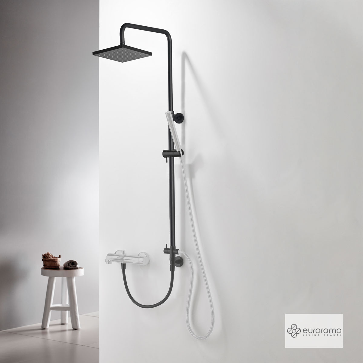 Ρυθμιζόμενη Κολώνα Ντους με κεφαλή 20x20 για σύνδεση μεΜπαταρία Λουτρού, Black Matt