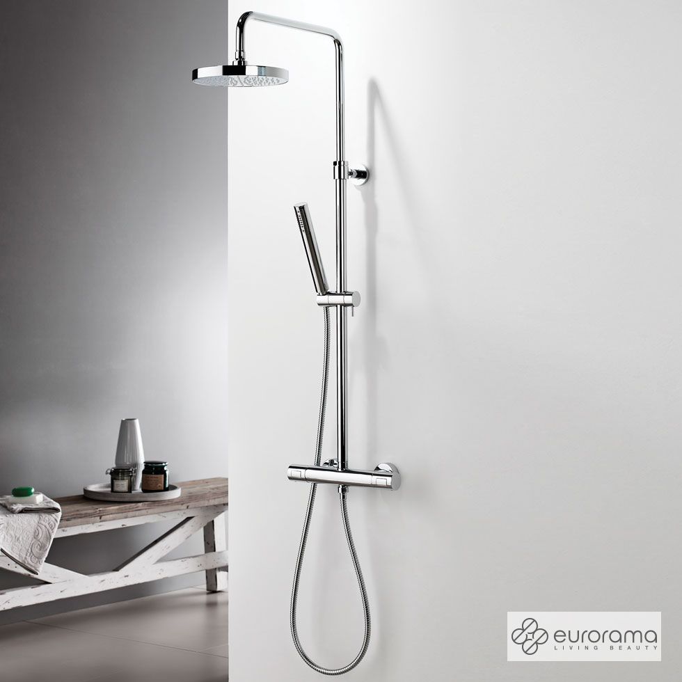 Θερμοστατική Μπαταρία Ντουζιέρας με Κεφαλή και Κολώνα ρυθμιζόμενου ύψους Thermo Round Eurorama Chrome