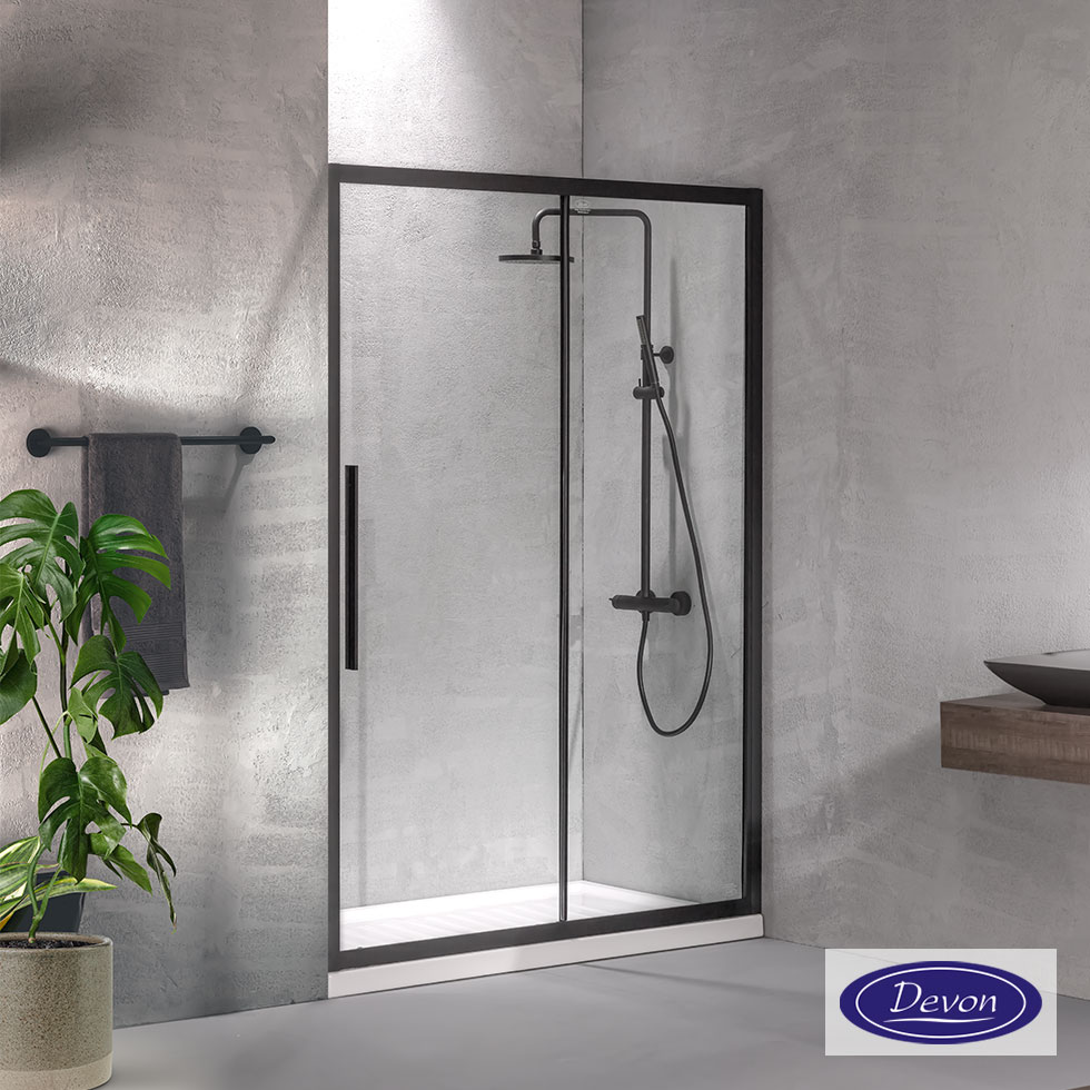Συρόμενη πόρτα καμπίνας ντουζιέρας Flow 100 ύψους 195εκ. ρυθμιζόμενη από 97 έως 101εκ. Devon Clean Glass Black Matt