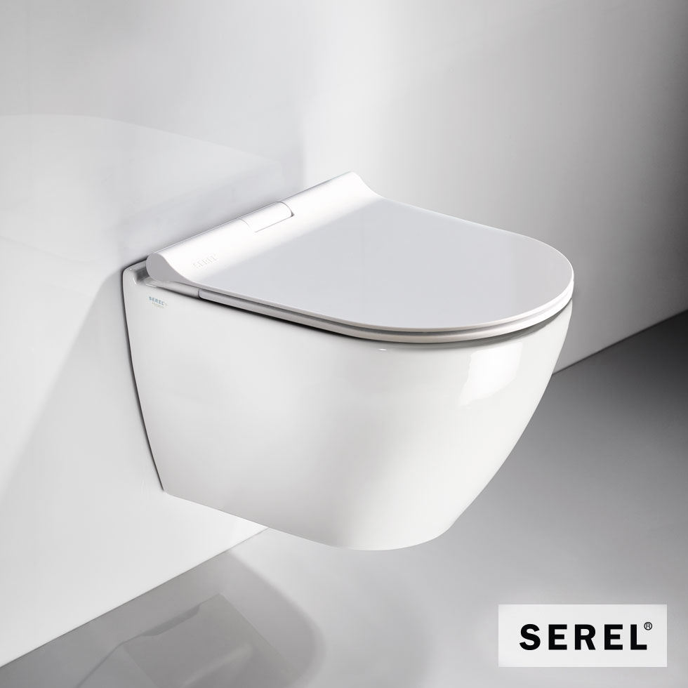 Λεκάνη Κρεμαστή Rimless SMART36/48,5 με μπιντέ, κάλυμμα Slim Soft Close 9001SC, Serel White