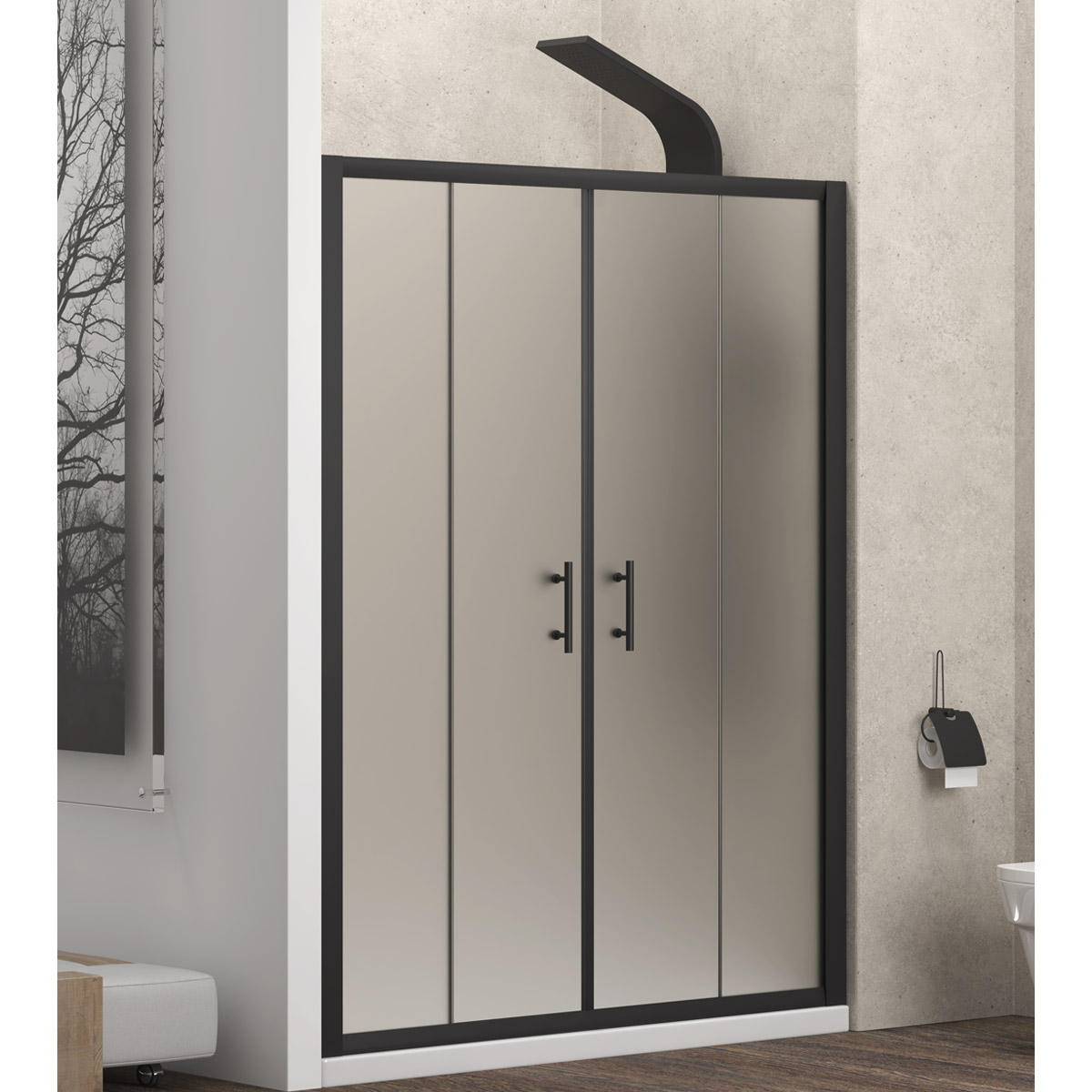 Καμπίνα από τοίχο σε τοίχο με σατινέ κρύσταλλο FLORA 600 Black KARAG 160x190cm