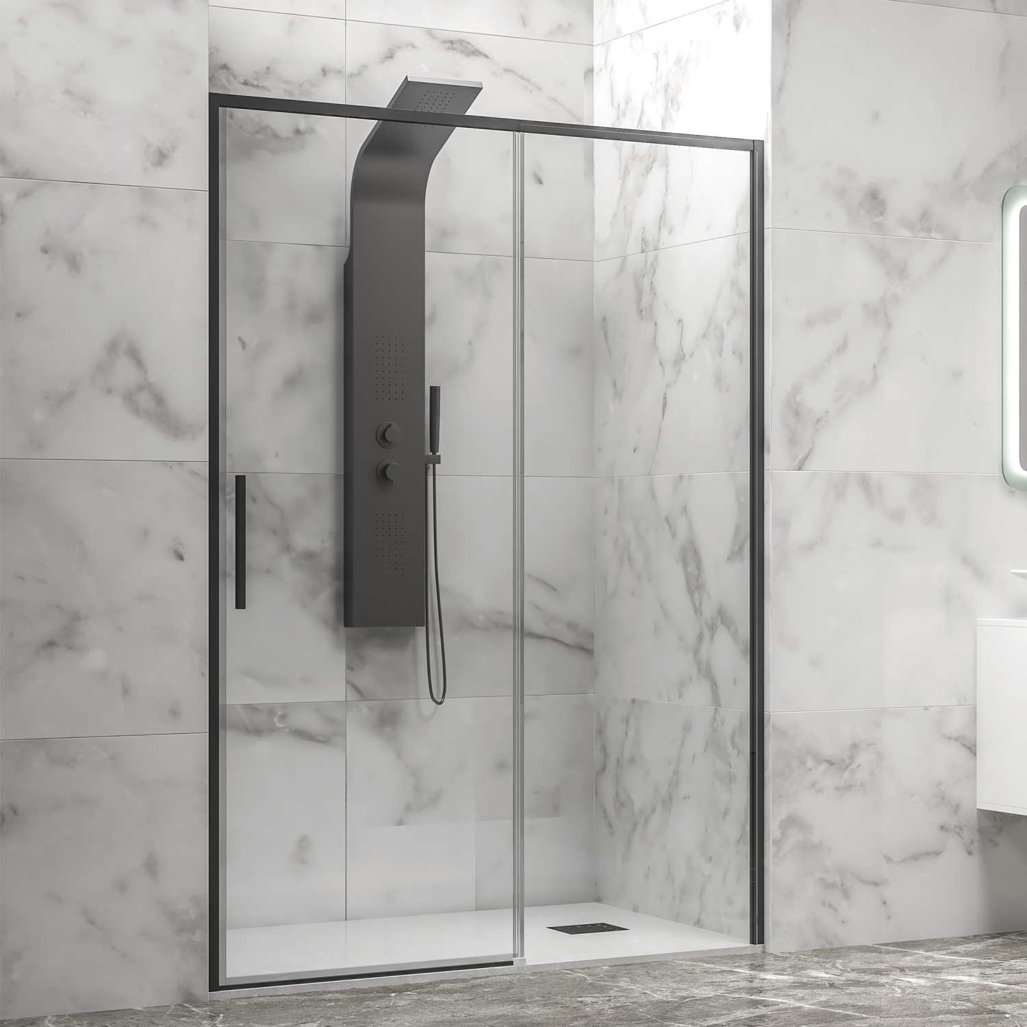 Καμπίνα από τοίχο σε τοίχο με διάφανο κρύσταλλο LEA 400 Black KARAG 150x200cm