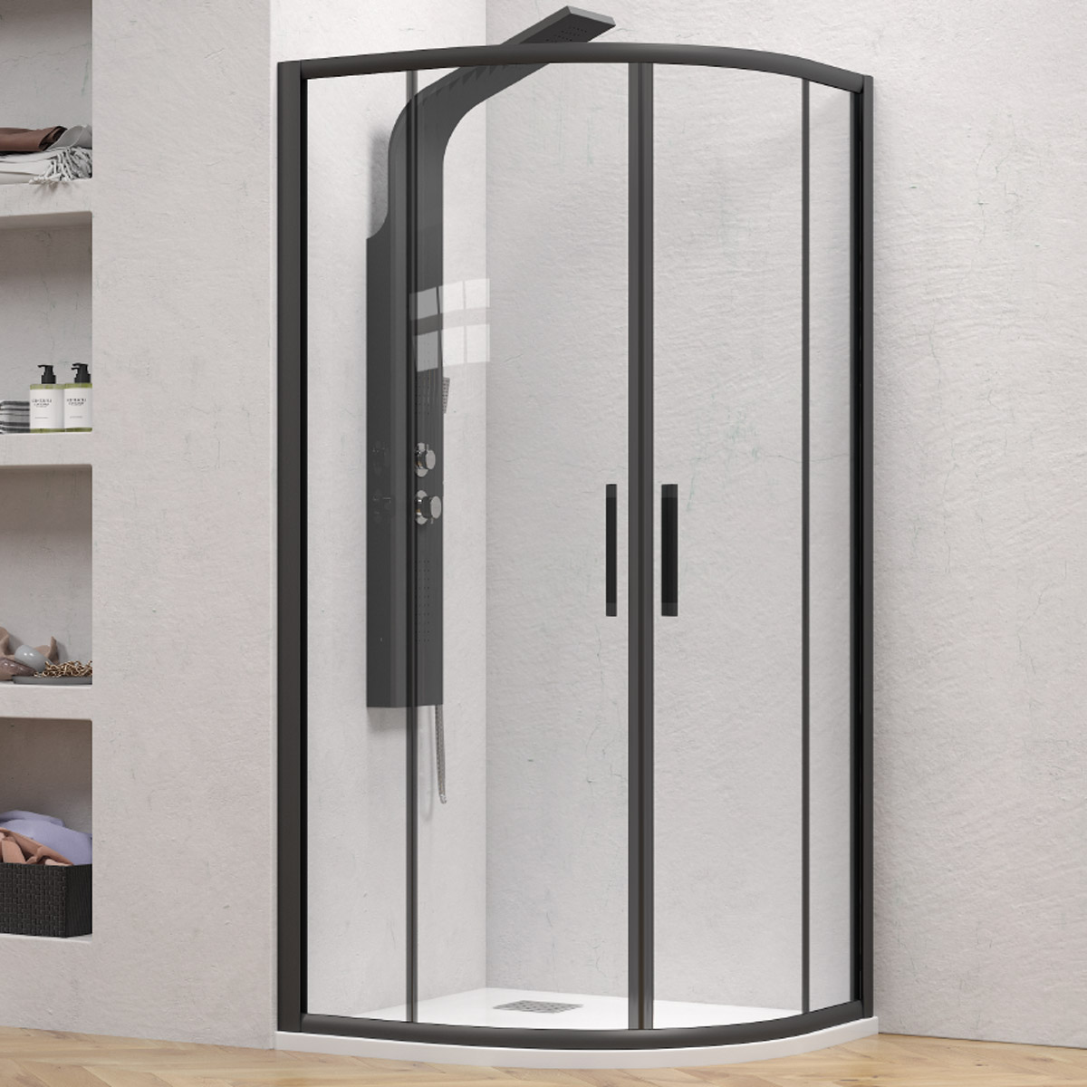 Καμπίνα ημικυκλική με διάφανο κρύσταλλο FLORA 200 Black KARAG 80x80x190cm