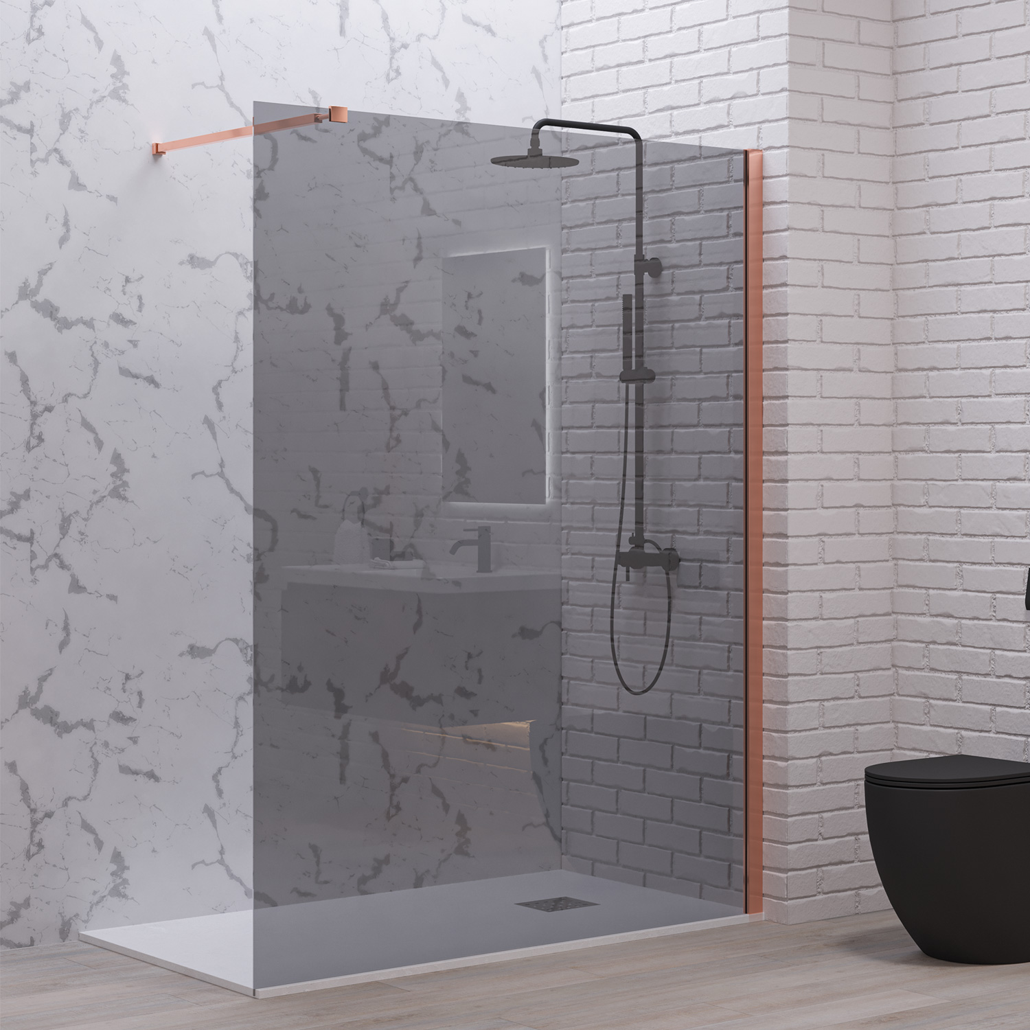 Σταθερό διαχωριστικό ντουζιέρας με fume κρύσταλλο WALKIN 1 Rose Gold KARAG 80x200cm