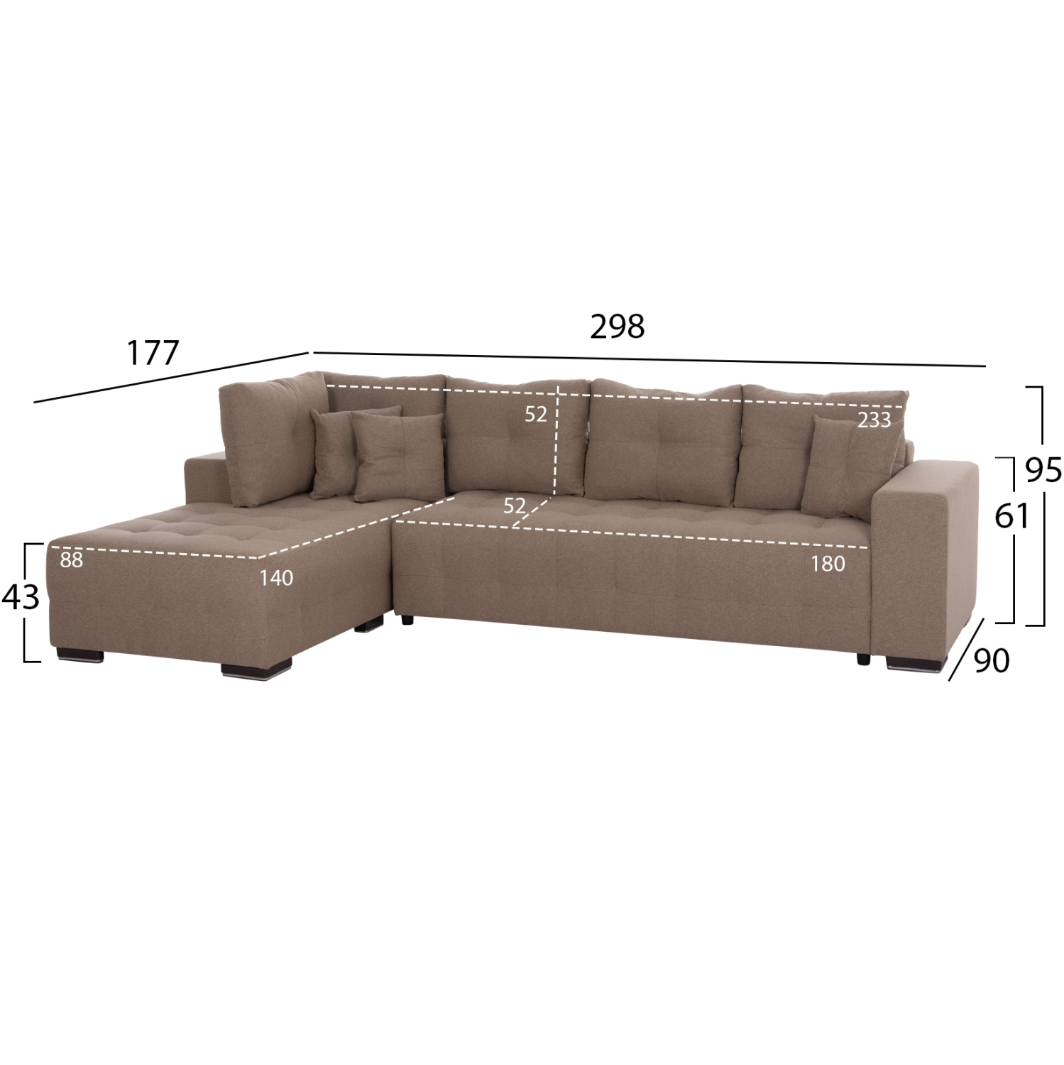 ΓΩΝΙΑΚΟΣ ΚΑΝΑΠΕΣ-ΚΡΕΒΑΤΙ ΜΕ ΑΠΟΘ.ΧΩΡΟ TRENDSTON HM3302.03L ΜΠΕΖ ΥΦΑΣΜΑ 298x177x95Υεκ