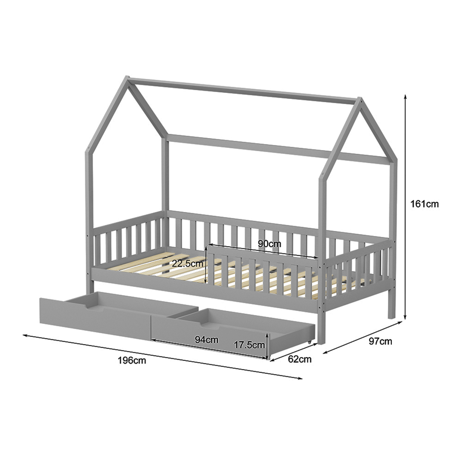 ΚΡΕΒΑΤΙ ΠΑΙΔΙΚΟ ΜΕ ΣΥΡΤΑΡΙΑ PHYLLIS HM724.05 τ.MONTESSORI ΓΚΡΙ 196x97x161Υεκ.