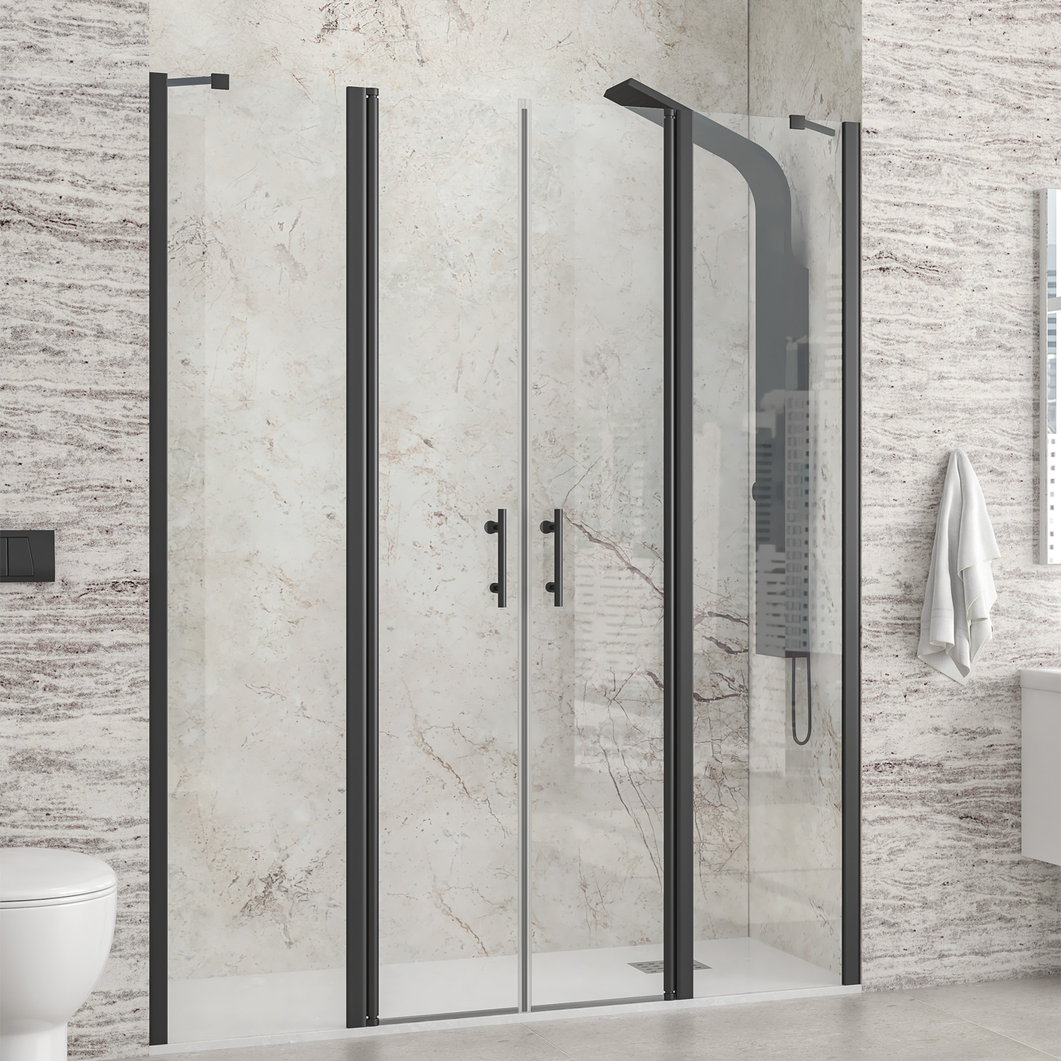 Καμπίνα από τοίχο σε τοίχο με διάφανο κρύσταλλο PANEX 700 Black KARAG 145x200cm