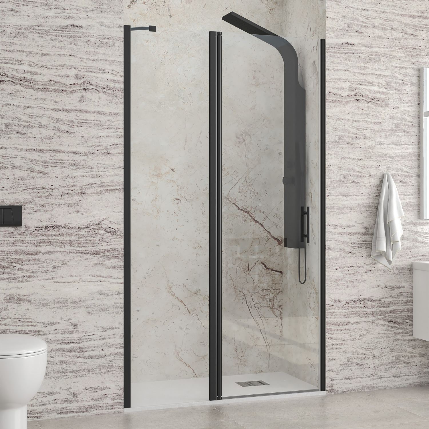 Καμπίνα από τοίχο σε τοίχο με διάφανο κρύσταλλο PANEX 400 ALTO Black KARAG 105x200cm