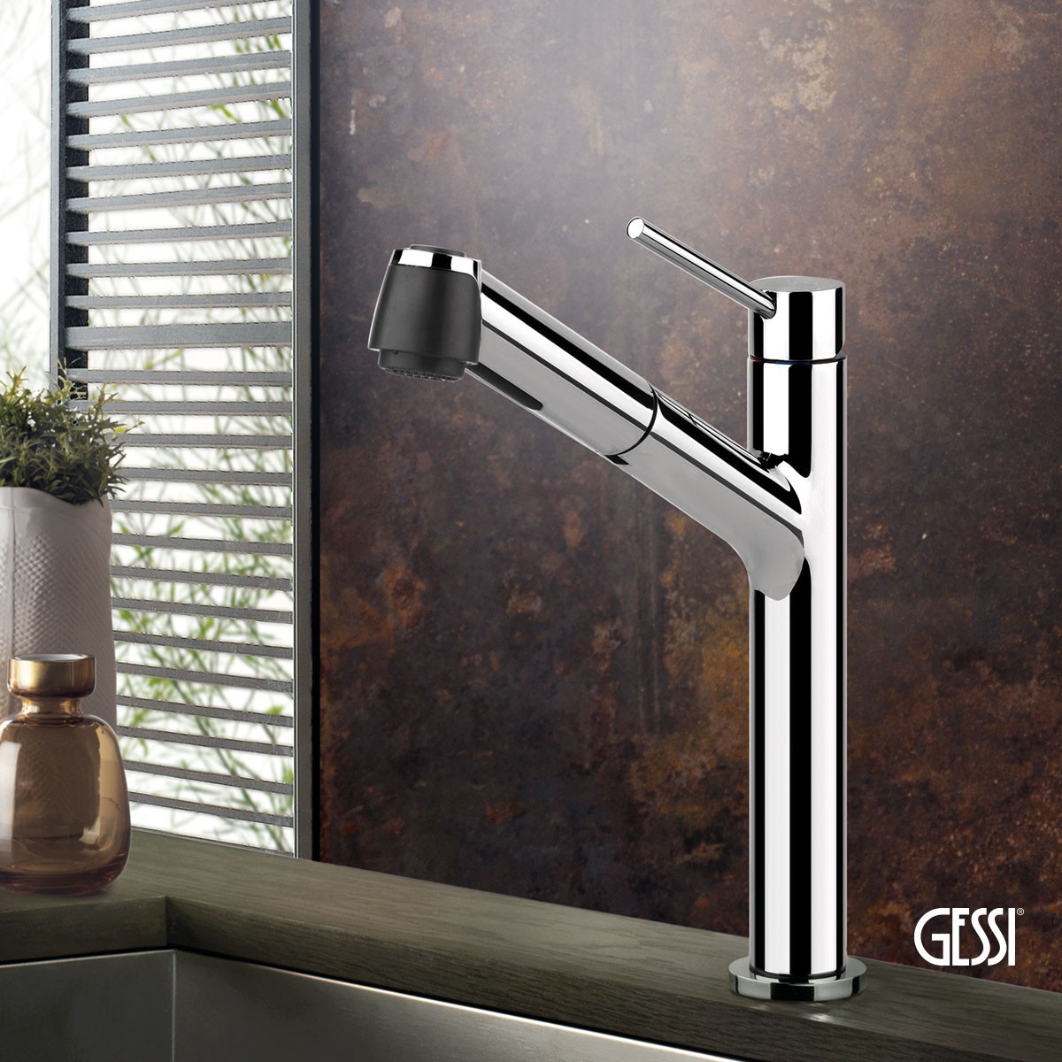 Μπαταρία Νεροχύτη Κουζίνας με Τηλέφωνο Ντους 2 ροών Thalium Gessi Chrome