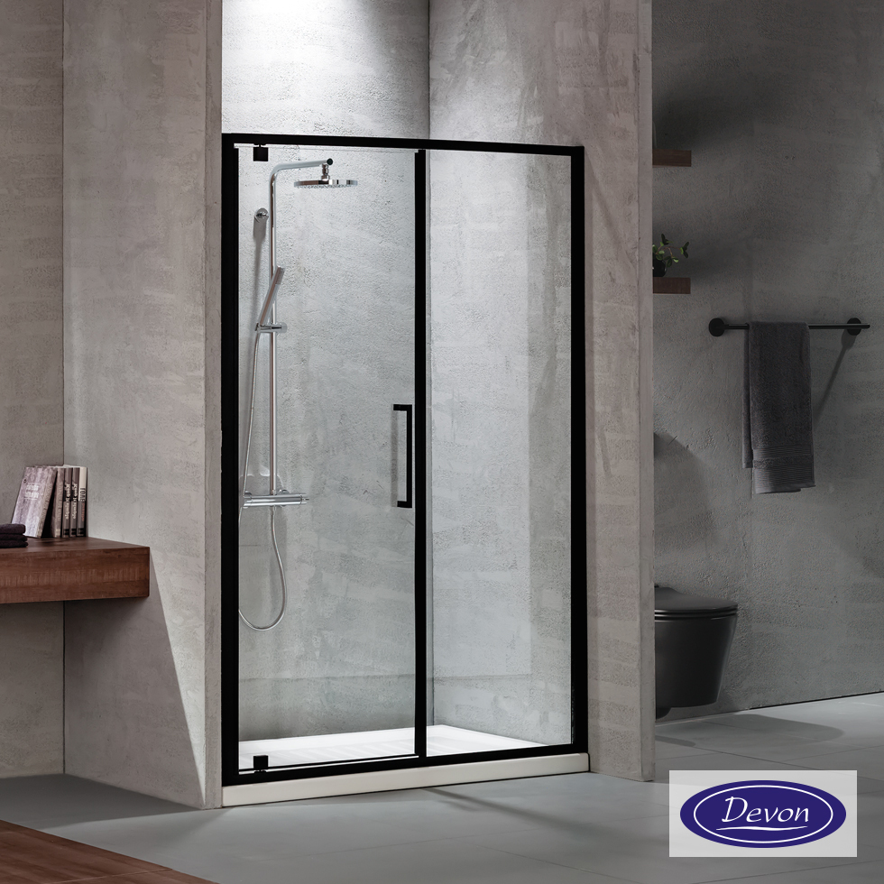 Ανοιγόμενη πόρτα ντουζιέρας PIVOT INFILL 100 ύψους 195εκ. ρυθμιζόμενη διάσταση από 97 έως 101εκ., Primus Plus Clean Glass Black Matt