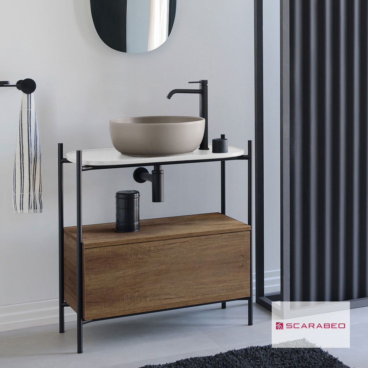 Έπιπλο μπάνιου Laila 2703-NROP με ράφι 2716-41 με συρτάρι 2712-89 χωρίς νιπτήρα, Scarabeo