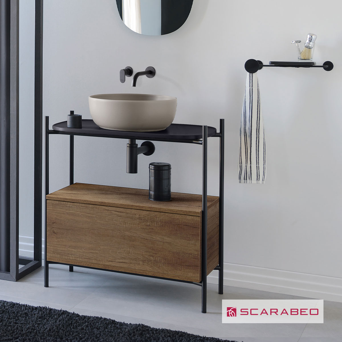 Έπιπλο μπάνιου Laila 2703-NROP με ράφι 2715-49 με συρτάρι 2712-89 χωρίς νιπτήρα, Scarabeo