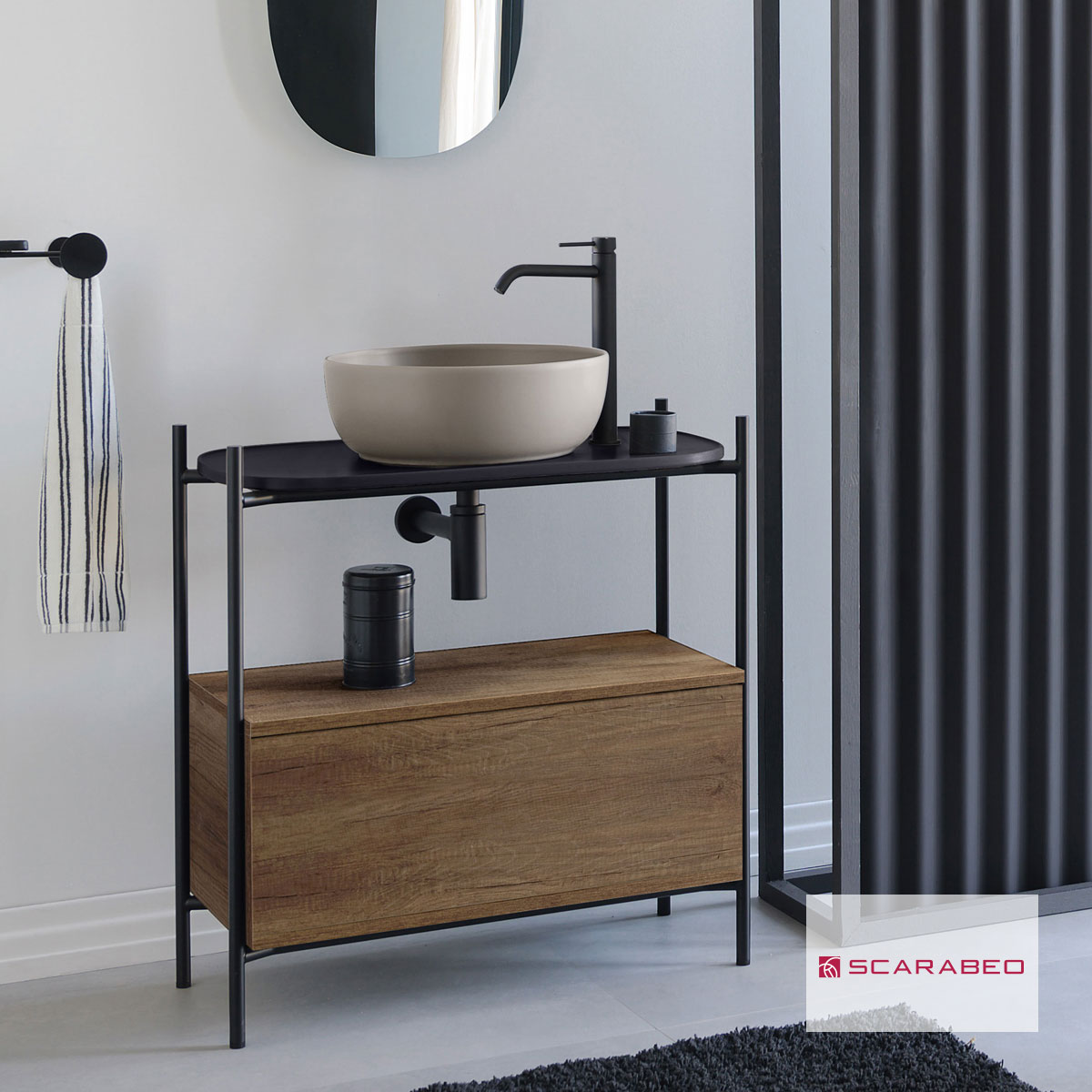 Έπιπλο μπάνιου Laila 2703-NROP με ράφι 2716-49 με συρτάρι 2712-89 χωρίς νιπτήρα, Scarabeo