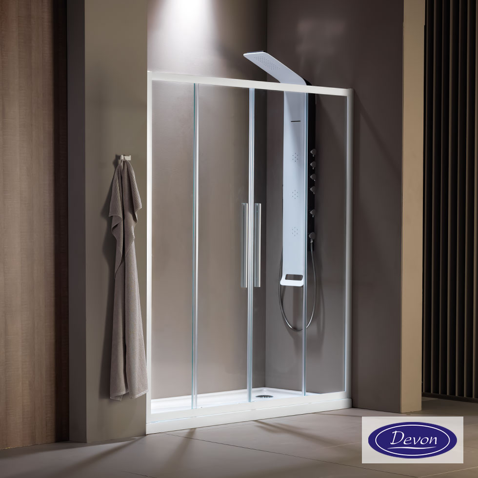 Συρόμενη διπλή πόρτα καμπίνας ντουζιέρας Flow 160 ύψους 195εκ. ρυθμιζόμενη από 157 έως 161εκ. Devon Clean Glass White Matt