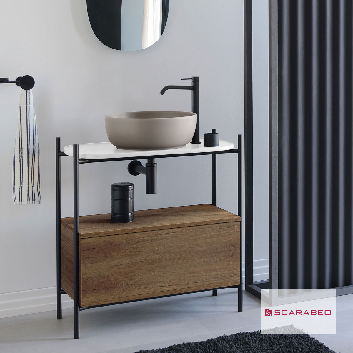 Έπιπλο μπάνιου Laila 2703-NROP με ράφι 2716 με συρτάρι 2712-89 χωρίς νιπτήρα, Scarabeo