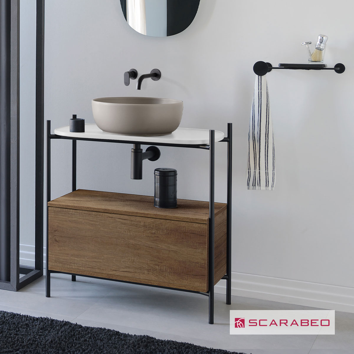 Έπιπλο μπάνιου Laila 2703-NROP με ράφι 2715-41 με συρτάρι 2712-89 χωρίς νιπτήρα, Scarabeo