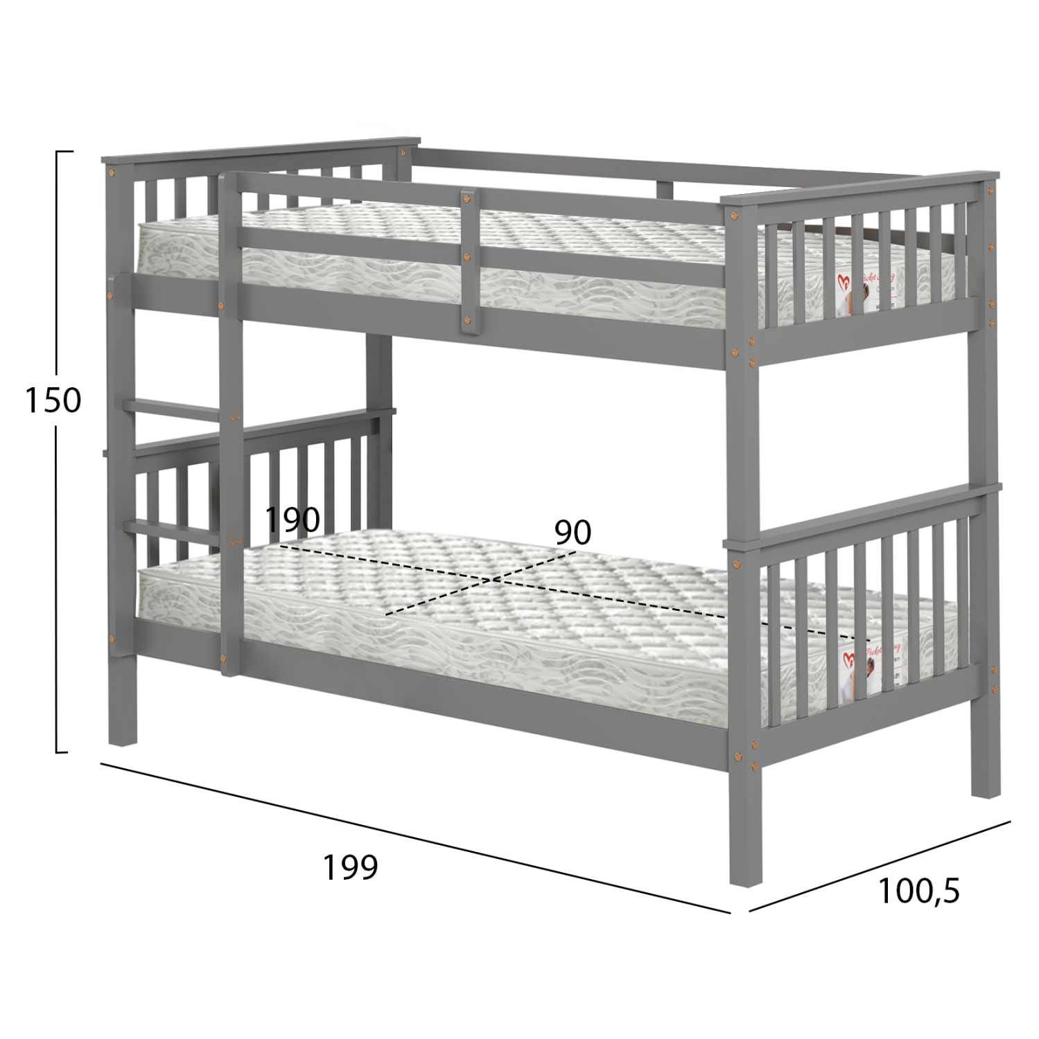 ΚΟΥΚΕΤΑ ΠΑΙΔΙΚΗ ΜΕ 2 ΣΤΡΩΜΑΤΑ LANTAI HM21307.02 ΞΥΛΟ ΠΕΥΚΟΥ ΓΚΡΙ--ΣΤΡΩΜΑΤΑ 90x190εκ