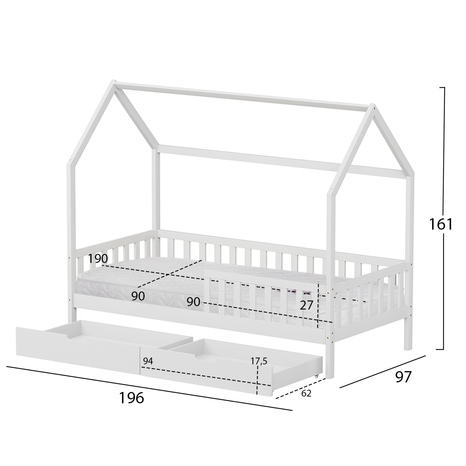 ΚΡΕΒΑΤΙ ΠΑΙΔΙΚΟ ΜΕ ΣΥΡΤΑΡΙΑ PHYLLIS HM21324.01 ΞΥΛΟ ΠΕΥΚΟΥ ΛΕΥΚΟ--ΜΕ ΣΤΡΩΜΑ 90x190εκ