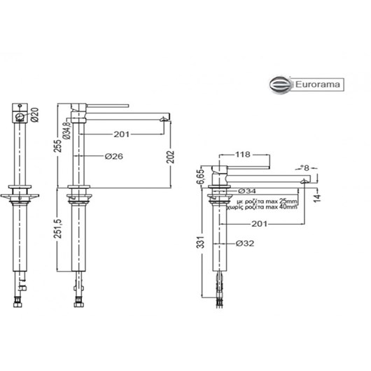 Eurorama Tonda 145705-100 Μπαταρία Κουζίνας Χρωμέ 1 Οπής Με Βυθιζόμενο Κορμό