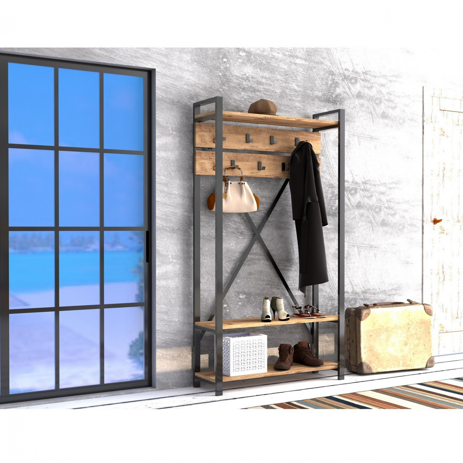 ΕΠΙΠΛΟ ΕΙΣΟΔΟΥ HM8943.01 NATURAL WOOD & ΜΑΥΡΟ 90x34x180 εκ.