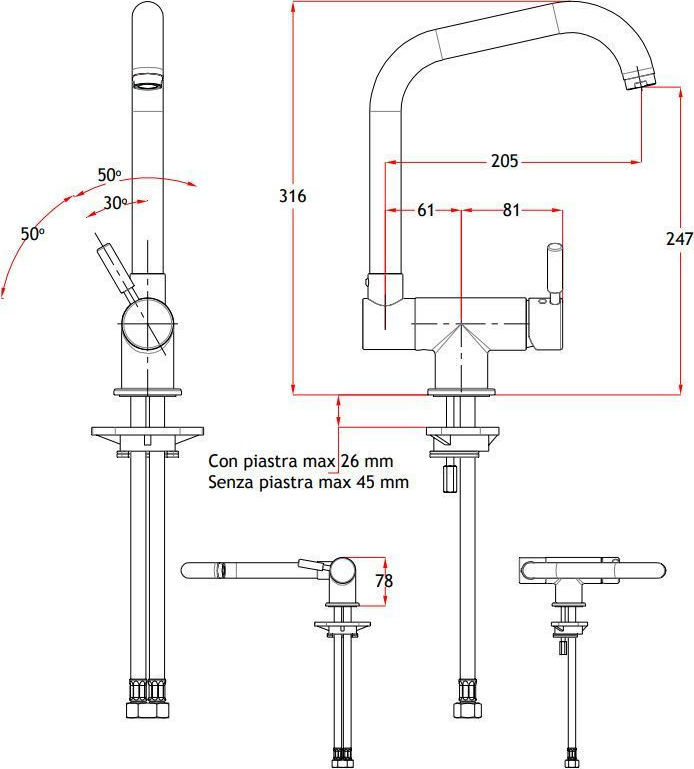 Eurorama Design 13700-100 Μπαταρία Κουζίνας Χρωμέ Mε Περιστρεφόμενο/Ανακλινόμενο Ρουξούνι