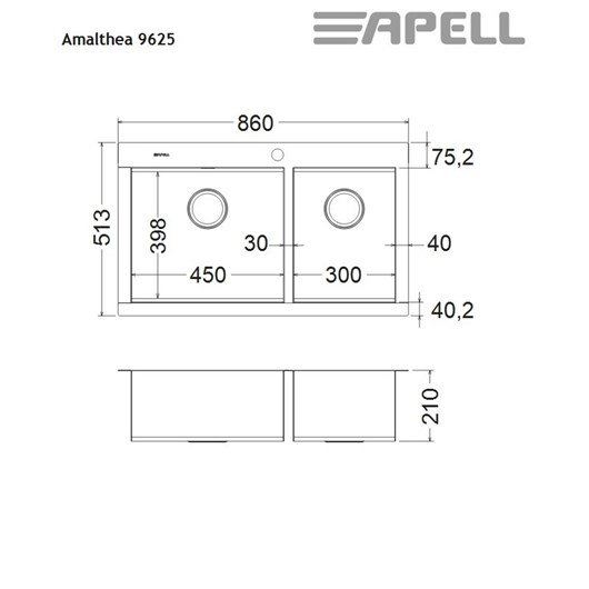 Apell Amalthea 9625 Ανοξείδωτος Ένθετος Λείος Νεροχύτης Με 2 Γούρνες 86x51 cm 101-9625-110